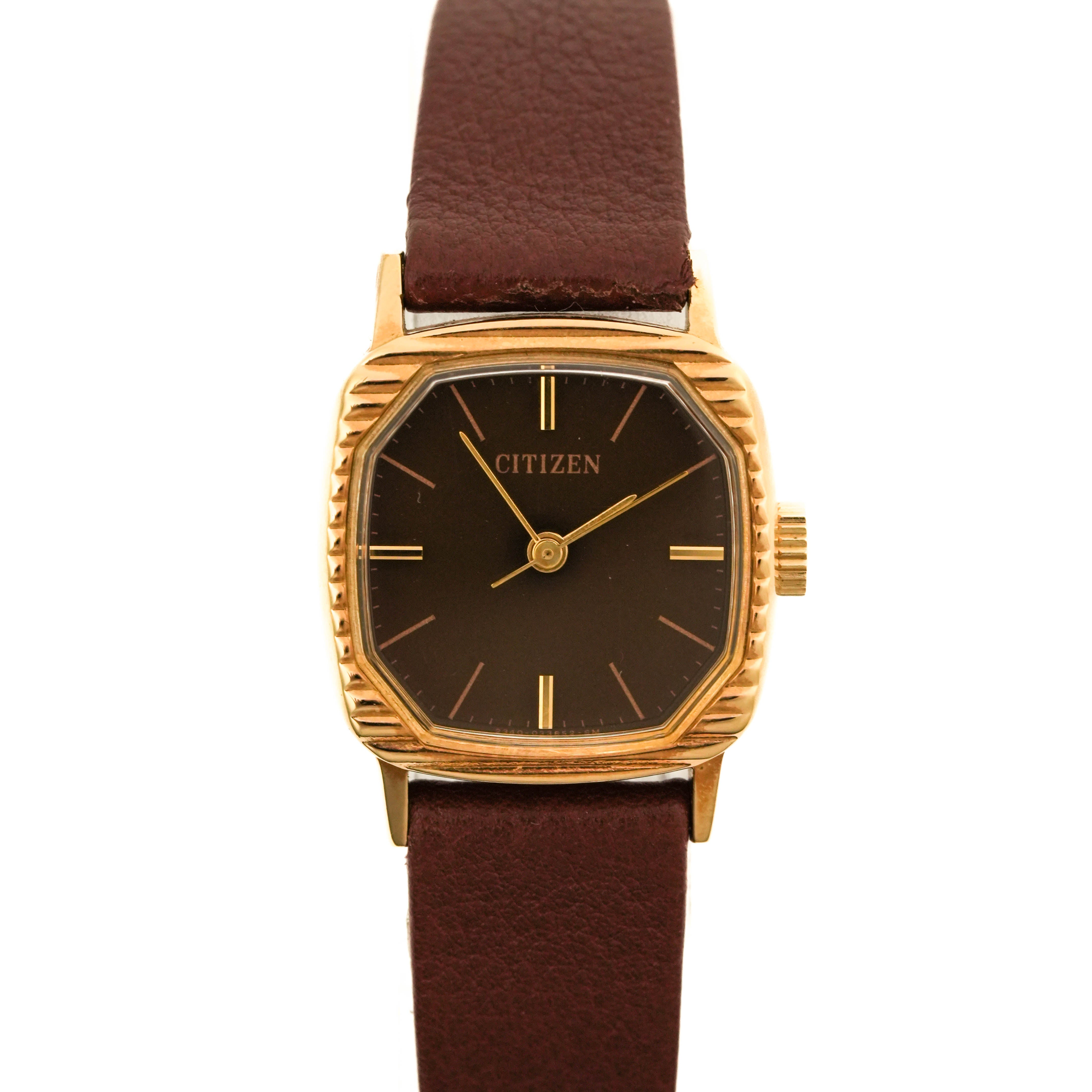 NOS Citizen Ladies Gold Cushion Brown Dial Manual Wind Watch 75-0964