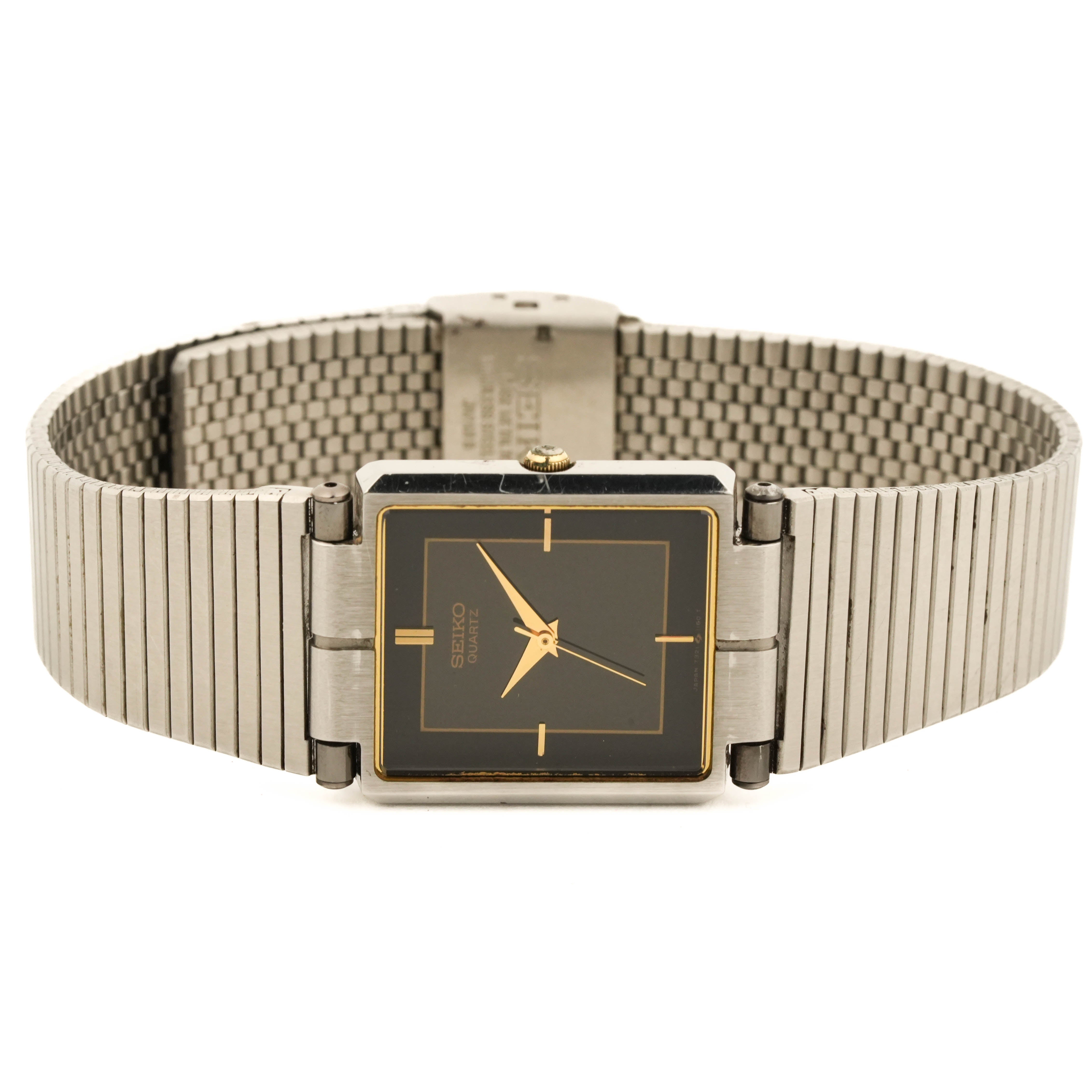 Seiko 7321-5680 Vintage Two-Tone Quartz Tank Dark Dial Ribbed Bracelet