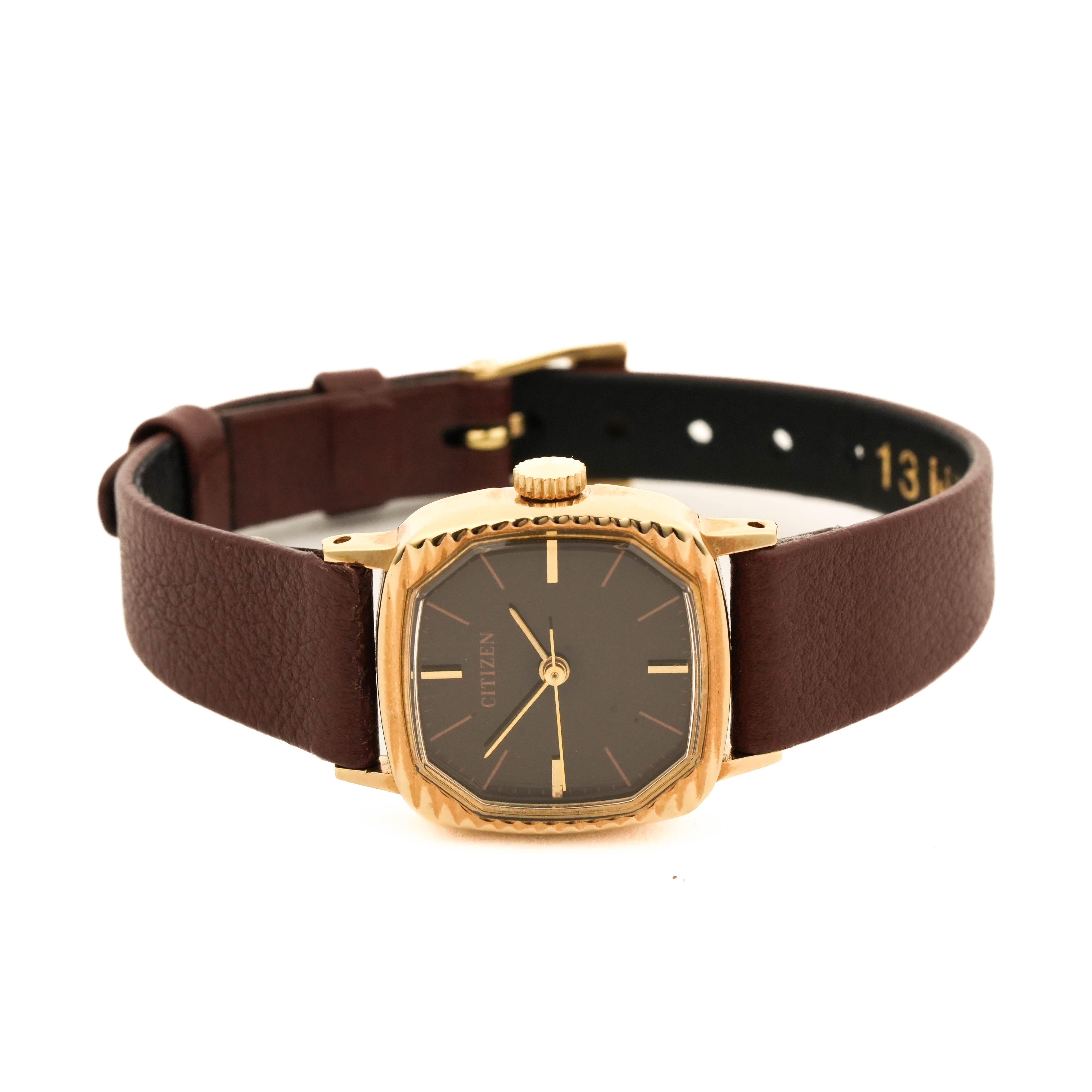 NOS Citizen Ladies Gold Cushion Brown Dial Manual Wind Watch 75-0964