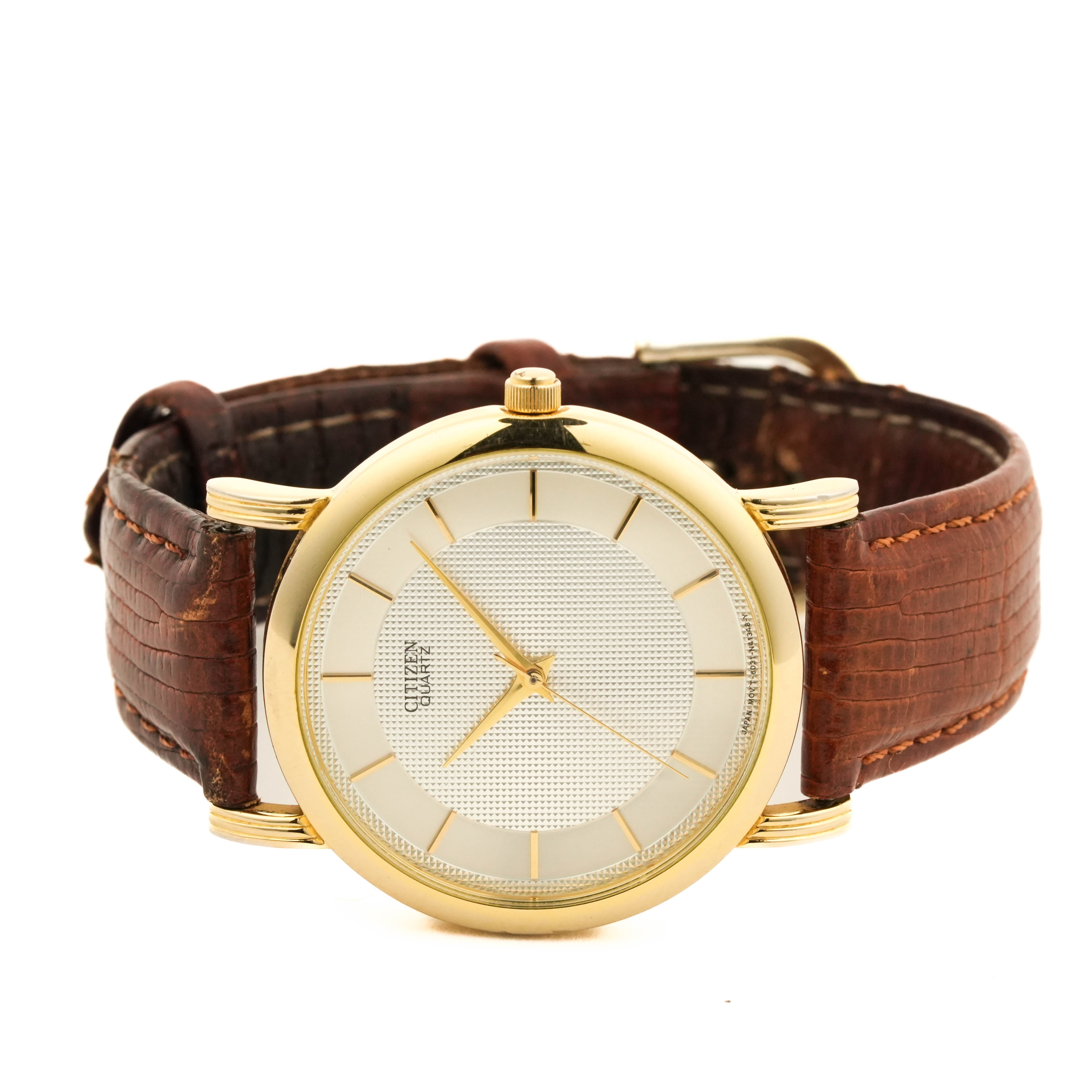 Citizen 1980s Quartz Gold Case Guilloché Silver Dial Watch - Brown Strap - 6031-S49836
