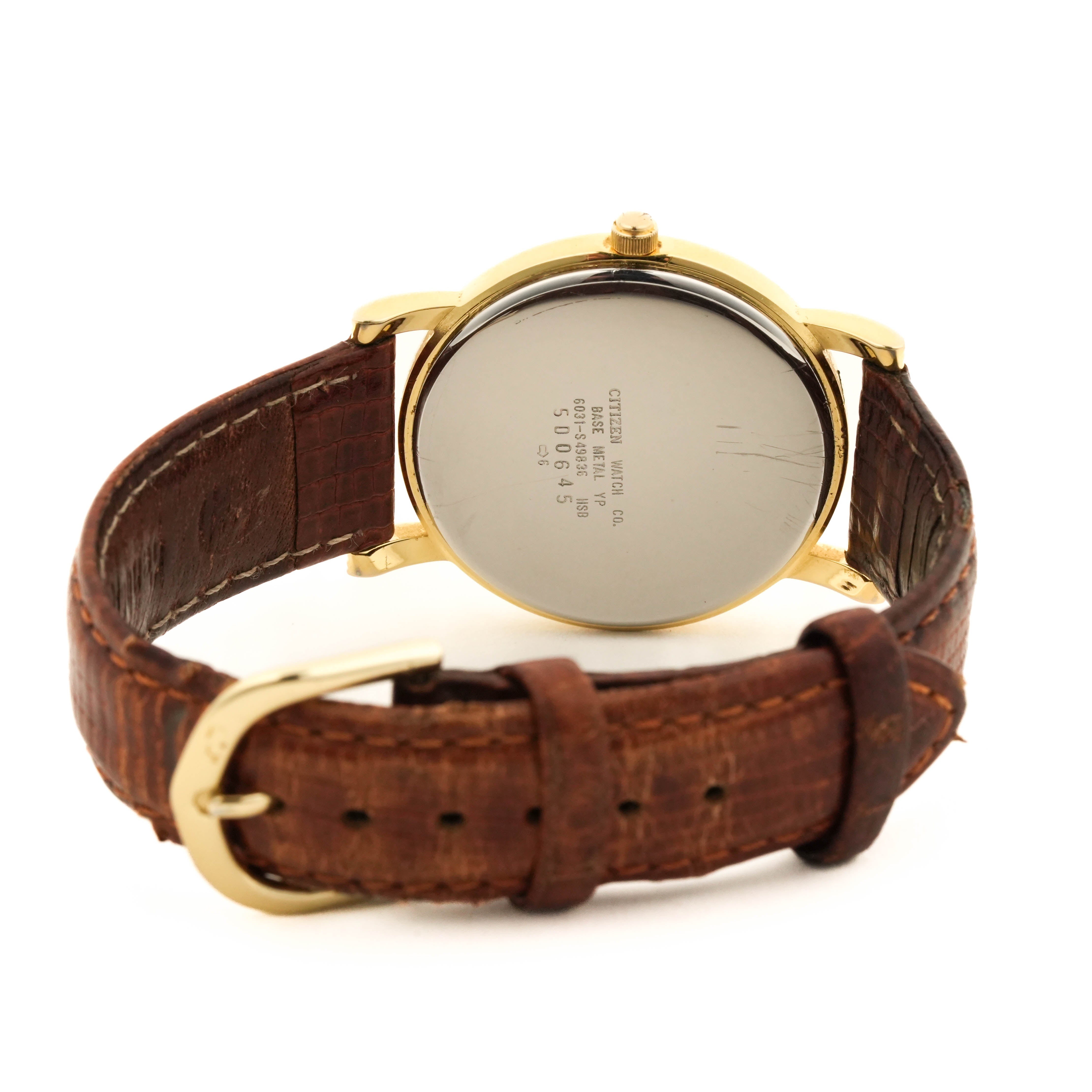 Citizen 1980s Quartz Gold Case Guilloché Silver Dial Watch - Brown Strap - 6031-S49836